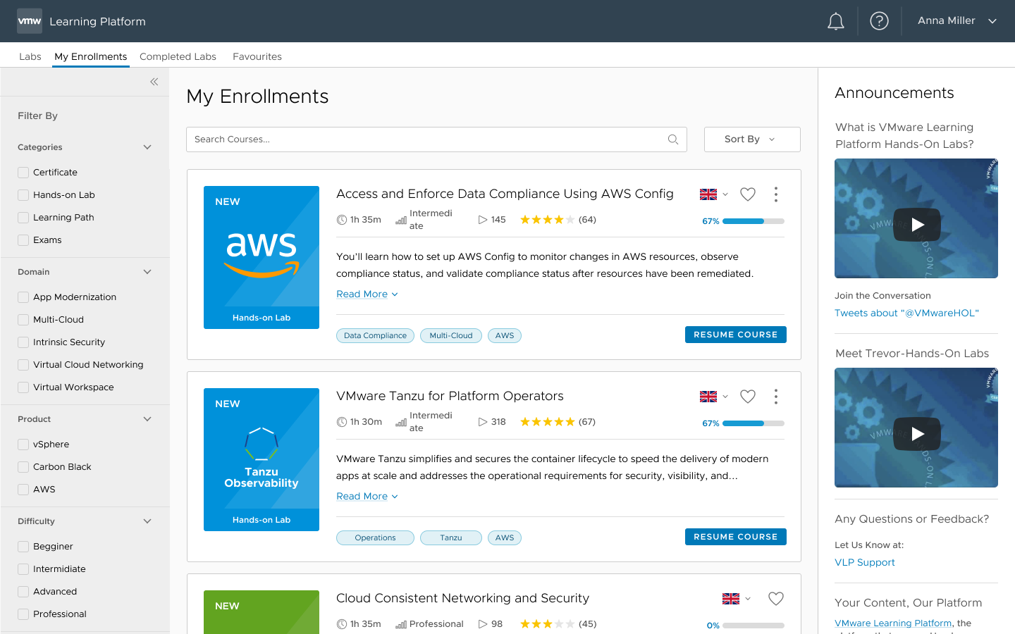 VLP platform interface showing cloud-based lab environment and training management
