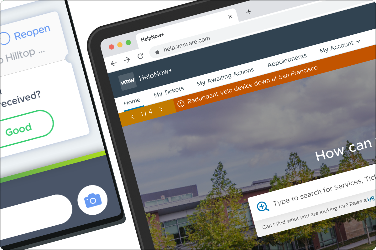 HelpNow Support Platform Interface showing enterprise service management dashboard