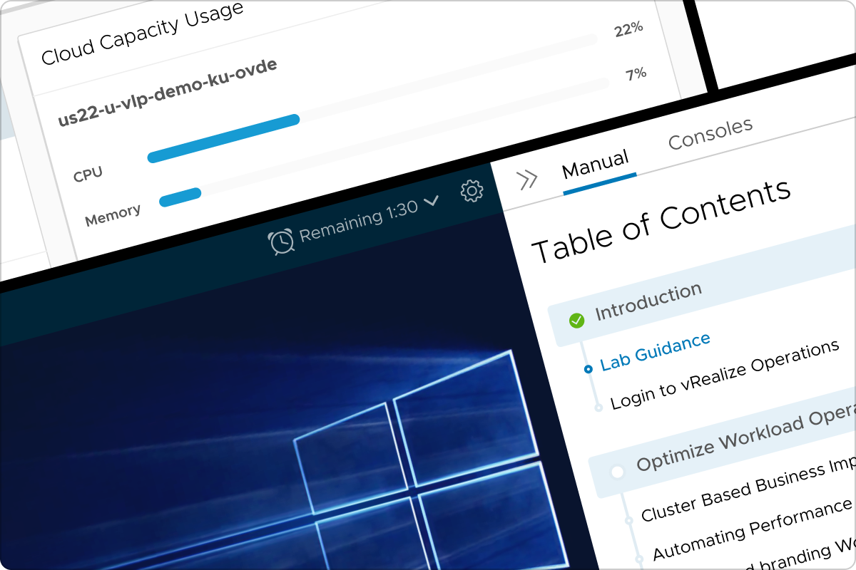 VLP Cloud Platform Interface showing hands-on lab environment and learning tools